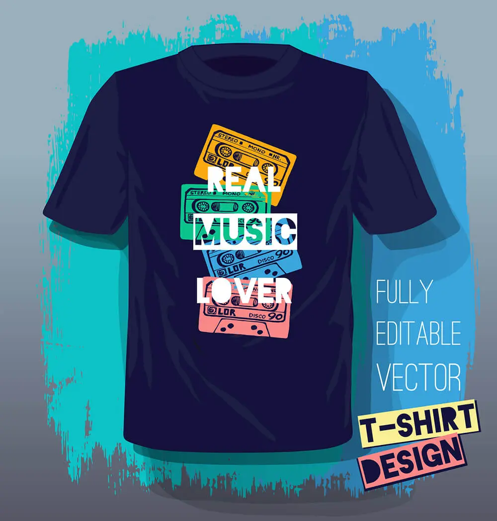 T-shirt design with colorful cassette tapes.