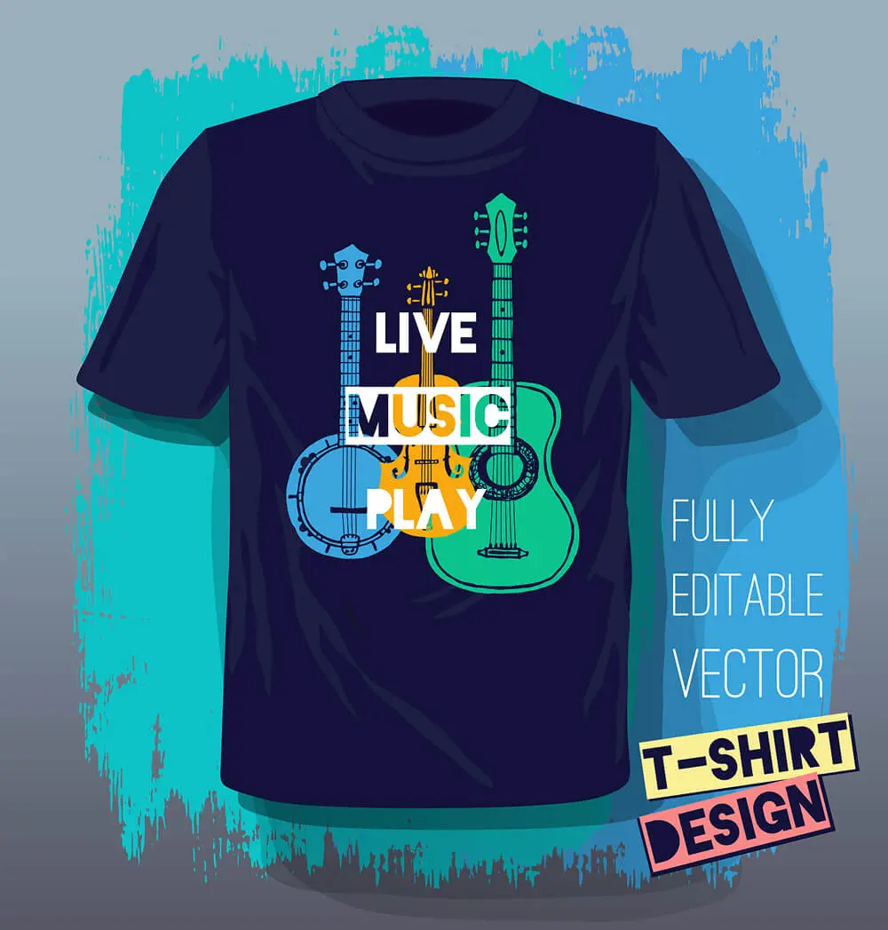 T-shirt with musical instruments and text design.