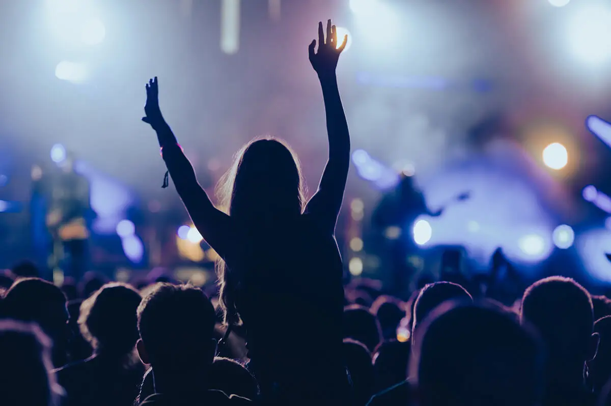 Concert crowd with raised hands and lights.